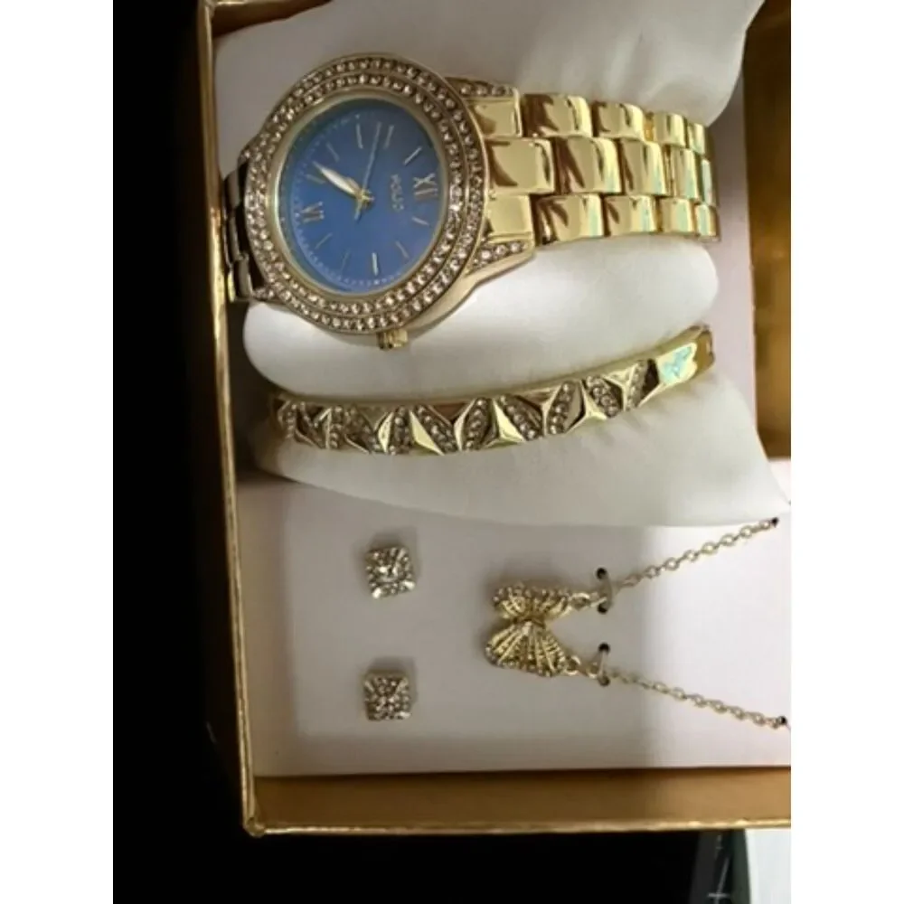 Folio Ladies' Three-Hand Gold-Tone Watch bracelet, necklace and earrings
